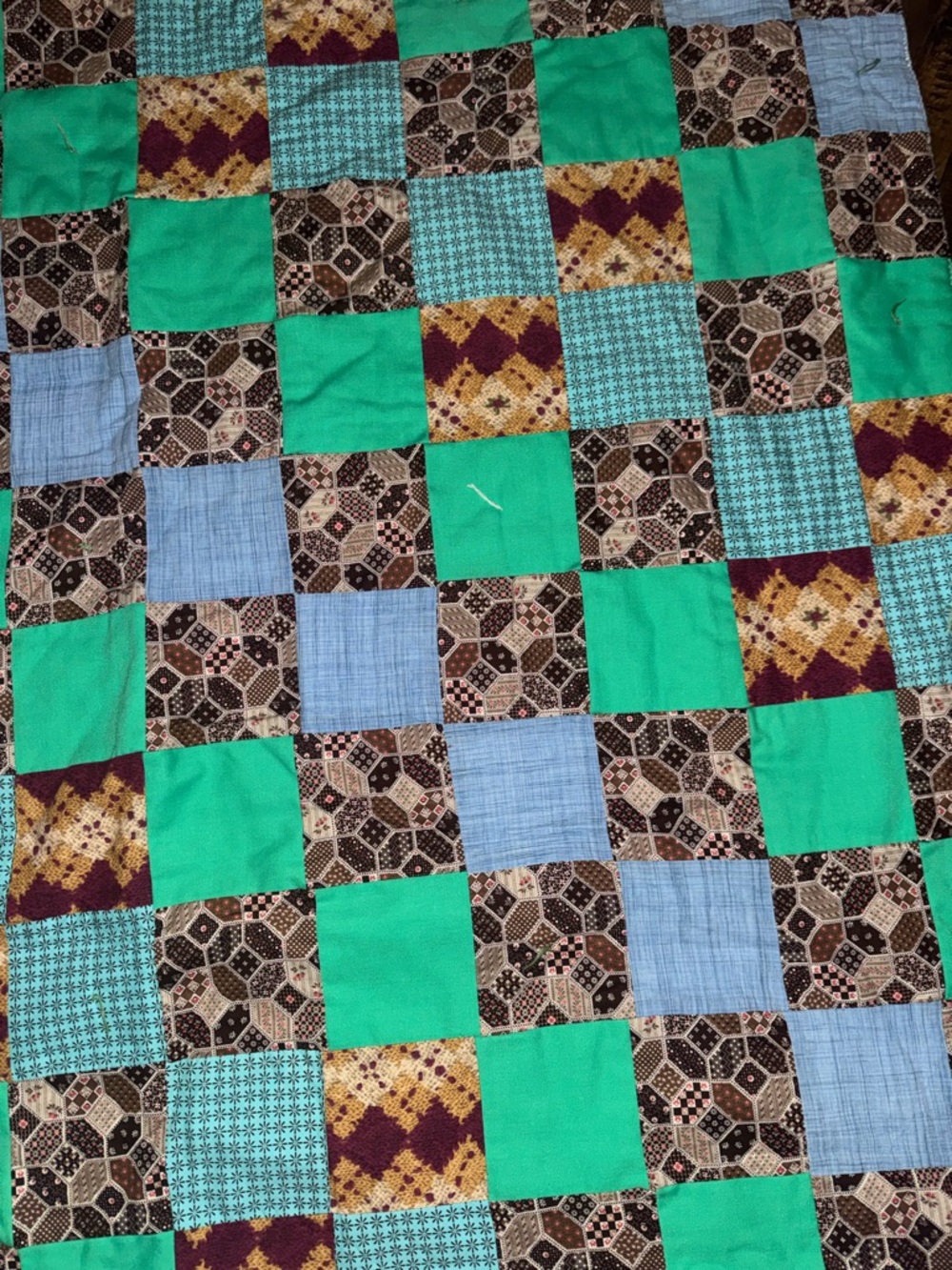 Turquoise Patchwork Quilted Bedspread with Multicolor Blocks - Picture 2 of 7